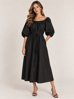 Beymen Club Black Puff Sleeve Belted Midi Dress Size 36